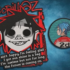 May include: Embroidered patches featuring Gorillaz band artwork. One patch shows a stylized face with the band's name in red. The other patch is a circular design with a character in a red and white jacket.