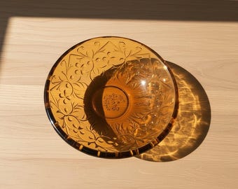 Vintage Amber Glass Bowl – Etched Floral Pattern – Mid Century Pressed Glass Dish – Warm Honey Gold Decorative Bowl