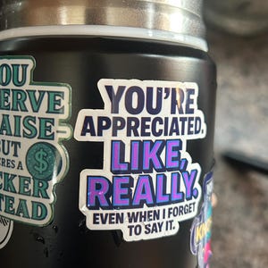 May include: Black water bottle with stickers. One sticker reads "YOU'RE APPRECIATED, LIKE, REALLY, EVEN WHEN I FORGET TO SAY IT." Other stickers are also visible. The bottle has a silver lid.