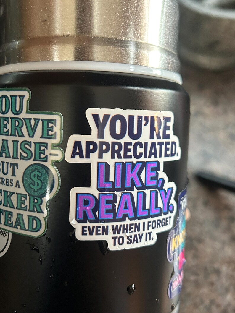 May include: Black water bottle with stickers. One sticker reads "YOU'RE APPRECIATED, LIKE, REALLY, EVEN WHEN I FORGET TO SAY IT." Other stickers are also visible. The bottle has a silver lid.