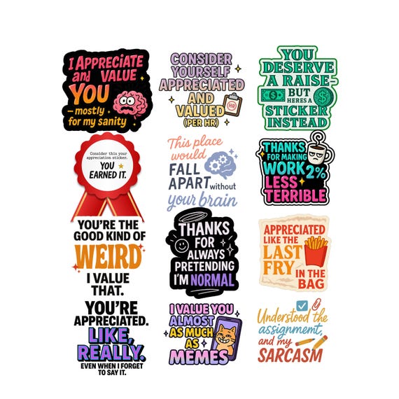 Funny Coworker Employee Stickers | Work Humor Vinyl Gift Decals (12 Pack)