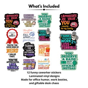 May include: A collection of 12 funny coworker stickers with various phrases like "You Deserve a Raise" and "Thanks for Making Work 2% Less Terrible." The stickers are laminated vinyl designs, perfect for office humor and desk decor.