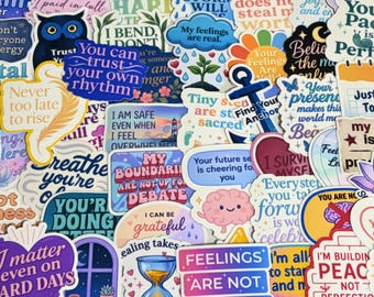 50 Affirmation Sticker Pack | Gentle + Grounded Self Care & Mental Health Vinyl Stickers