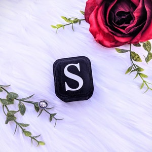 Black velvet traditional ring box. Monogram ring box. Wedding and engagement photography prop. Something blue. Proposal ring box black box