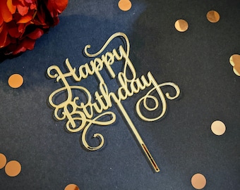 Happy Birthday acrylic cake topper - gold cake topper, acrylic party topper, happy birthday, cake topper