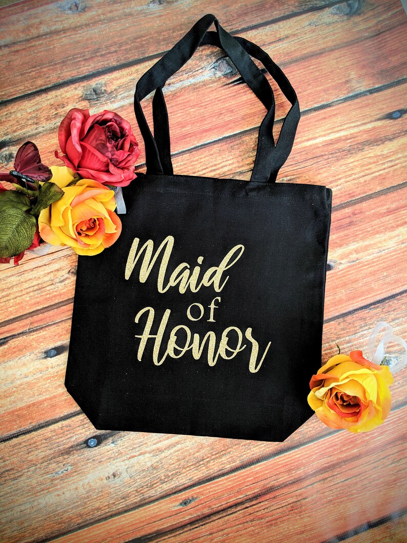 Maid of Honor tote bag Bridesmaid Black canvas tote bags for brides bachelorette party Wedding bag bridal shower bag