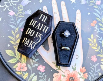 Til death do us part Coffin sized velvet ring box. Coffin ring box, two ring box Wedding and engagement. Gothic wedding Proposal ring box