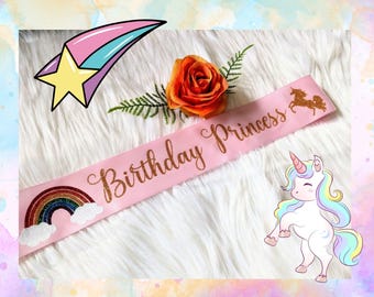 Unicorn birthday party sash. Princess Sashes. Birthday gift, all ages, birthday girl, your saying here. Child's sash. 1st birthday sash