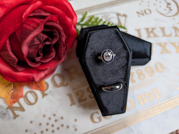 Velvet Coffin Ring Box, Gothic Wedding Engagement, Two Ring Holder