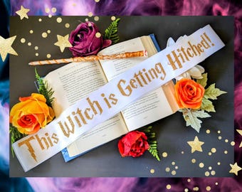 Custom This Witch is getting hitched Halloween Sash. Your Phase Here. Bridal Shower 11 fonts choose from. Bachelorette Party Bridal Shower