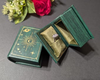 Green Book Ring Box, Moon & Stars Design, Velvet Interior