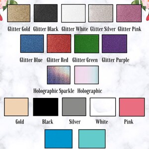 May include: A chart of glitter and holographic nail polish colors. The colors include gold, black, white, silver, pink, blue, red, green, purple, teal, and holographic sparkle.