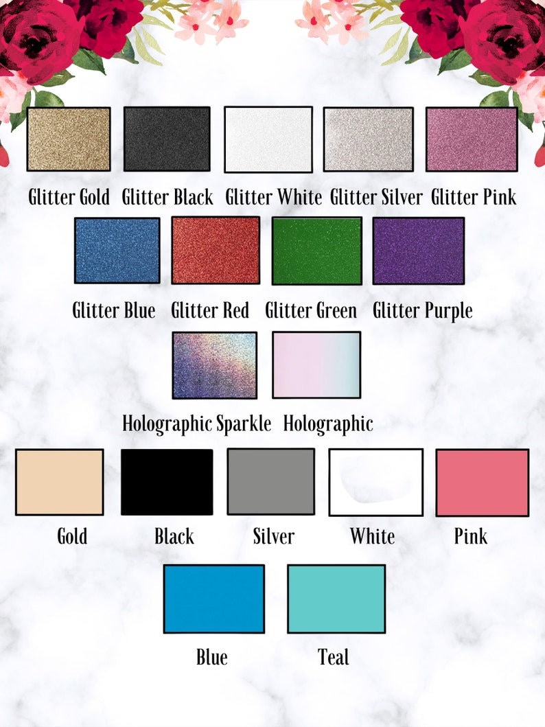 May include: A chart of glitter and holographic nail polish colors. The colors include gold, black, white, silver, pink, blue, red, green, purple, teal, and holographic sparkle.