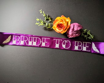 Custom bride to be bachelorette party sash. Halloween sash with bats. Bridal shower Halloween party. Halloween bride.