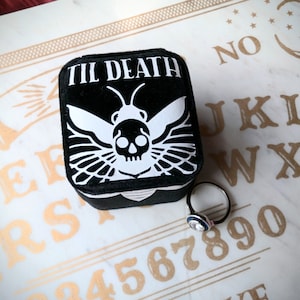 Till Death Black velvet traditional ring box. Wedding and engagement photography prop. Gothic wedding. Proposal Halloween wedding. Moth