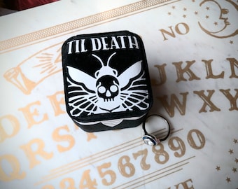 Till Death Black velvet traditional ring box. Wedding and engagement photography prop. Gothic wedding. Proposal Halloween wedding. Moth