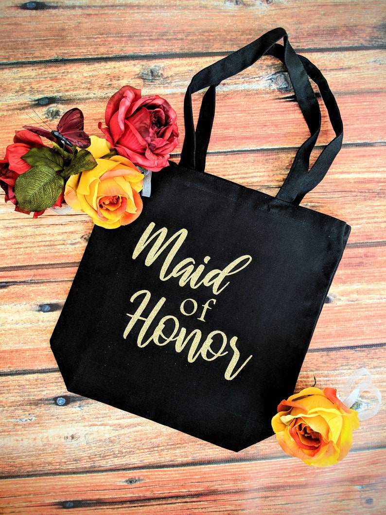 Maid of Honor tote bag Bridesmaid Black canvas tote bags for brides bachelorette party Wedding bag bridal shower bag