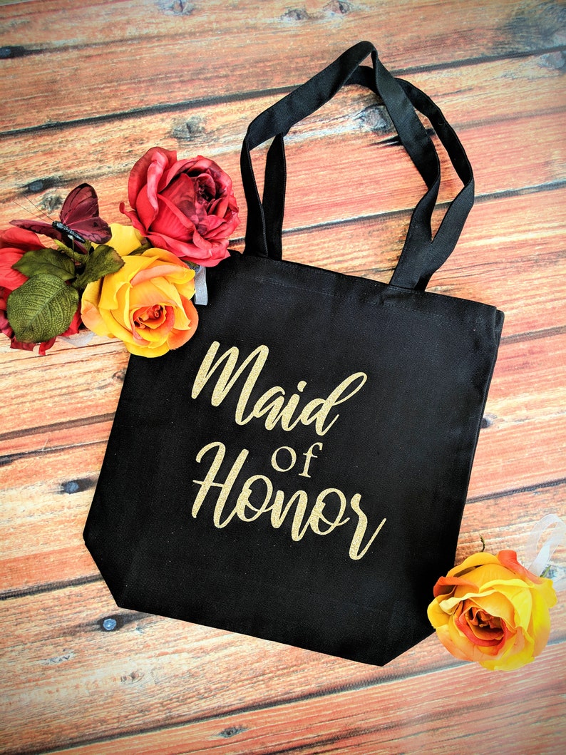 Maid of Honor tote bag Bridesmaid Black canvas tote bags for brides bachelorette party Wedding bag bridal shower bag