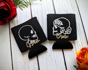 Till death do us part skull Can Coolers set of 2. Wedding gift// bridal shower gift// Halloween wedding/ can holder sets /husband and wife