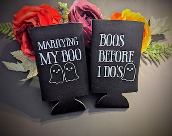 Marrying my boo. Boos before I do. Slim can cooler / bridal party/ can cooler/ Halloween wedding/ bachelorette party/ witch wedding