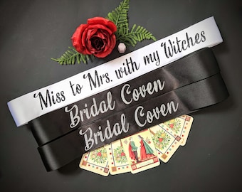Miss to Mrs with my Witches Set of Bachelorette Party Sashes 2-20 sash sets Bridal Shower. Bride's Coven, Bachelorette Party, Bridesmaids