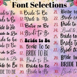 May include: A chart with 30 different font styles for the phrase "Bride to Be". The chart is on a pink and purple background with gold stars.