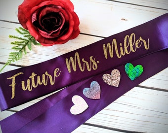 Custom Future Mrs Bridal Sash with choice of pin. Your Phase Here. Bridal Shower 11 fonts choose from. Bachelorette Party Bridal Shower.
