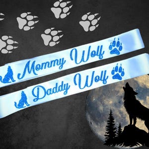 Set of two sashes Mama Wolf and Papa Wolf Baby Shower Sash. Mommy and Daddy Wolf. New mom, baby shower gift, custom name sash. baby shower