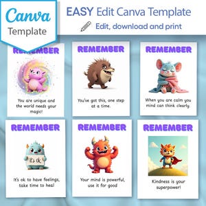 Bearbeitbare positive Affirmation sanfte Monster-Themed 18 Karte/Poster Kinder beruhigen Autistic Support Canva Vorlage Download Lehrer Therapeut