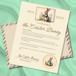 May include: A vintage-style letter from the Easter Bunny to Aimee. The letter is written on cream-coloured paper with a brown border and features a cartoon bunny holding an egg. The letter includes the text "From the Desk of the Easter Bunny" and "Official Easter Bunny Letter".