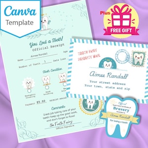 Lettre modifiable de la fée des dents Canva PDF Bundle Téléchargement instantané numérique Garçon ou fille perdre une dent Carte BONUS Visite magique de fée des dents
