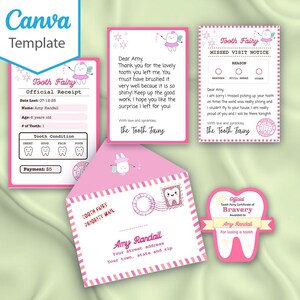 May include: A collection of pink and white Tooth Fairy themed stationery. Includes a receipt, a letter, a missed visit notice, an envelope, and a certificate. The text includes "Tooth Fairy" and "Amy Randall".