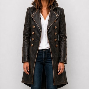 May include: A long, distressed dark brown leather coat featuring a double-breasted front with two columns of metallic gold buttons, a wide notched collar, and long sleeves with button details at the cuffs, worn over a white shirt and blue jeans.