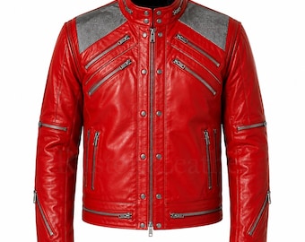 May include: A bright red leather jacket featuring a stand-up collar, a central zipper closure with snap buttons, and multiple silver-toned zippered pockets on the chest and sleeves. The shoulders have textured grey panels and long sleeves.