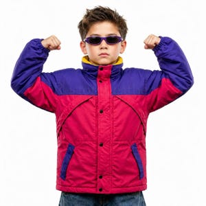 May include: A color-blocked winter jacket featuring a vibrant magenta lower section and a deep purple upper section with long sleeves. The jacket includes a high collar with a yellow inner lining, a front button closure, and two side pockets.