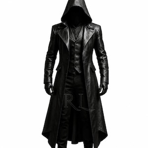 May include: A black leather trench coat featuring a hood, long sleeves, and a structured fit. The outfit includes a matching black vest, shirt, and trousers. The letters RL are visible in the center. The ensemble is entirely black in color.