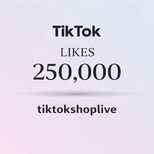 Op de afbeelding: Afbeelding met het TikTok-logo, het woord "LIKES" en het getal "250.000" in een vetgedrukte zwarte letter. Daaronder staat de tekst "tiktokshoplive". De achtergrond heeft een verloop van lichtroze en wit.