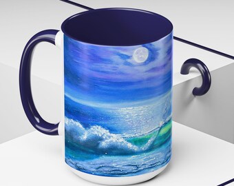 Ocean Wave Accent Coffee Mug: Glossy Ceramic, Colorful Interior