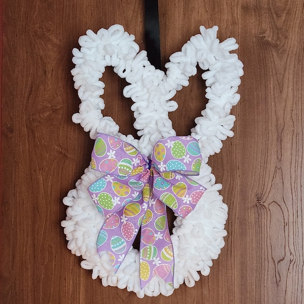 White Easter Bunny made with loop yarn and purple Lavender bow. Brighten up office ,Assisted Living or Classroom Spring Summer Bunny lovers