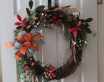 Fall Wildflower Wreath with Buffalo Print Bow, Orange & Black Front Door Decor