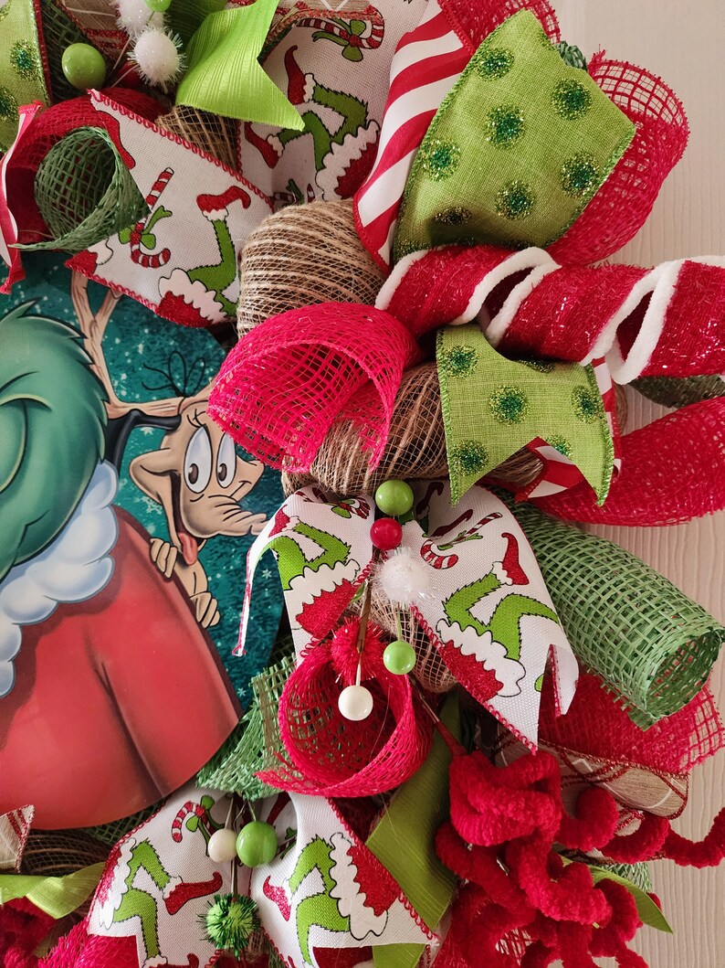 Grinch Deco Mesh Wreath. Grinch Green Red White Colors - Etsy