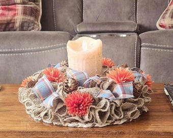 Fall Candle Ring: Burlap, Pinecones & Ribbon Flowers - 12 Inch