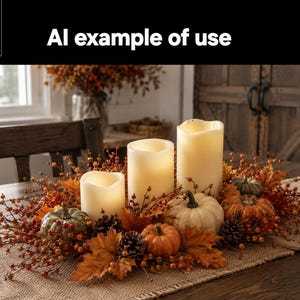 May include: A centerpiece featuring three cream-colored pillar candles surrounded by artificial autumn foliage, including orange and brown maple leaves, pinecones, small berries, and miniature pumpkins in shades of green and orange. Text reads: AI example of use.