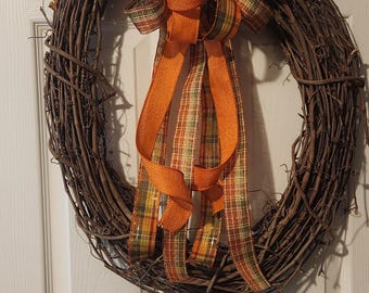 Fall Wreath with Orange and Green Bow, Autumn Decor