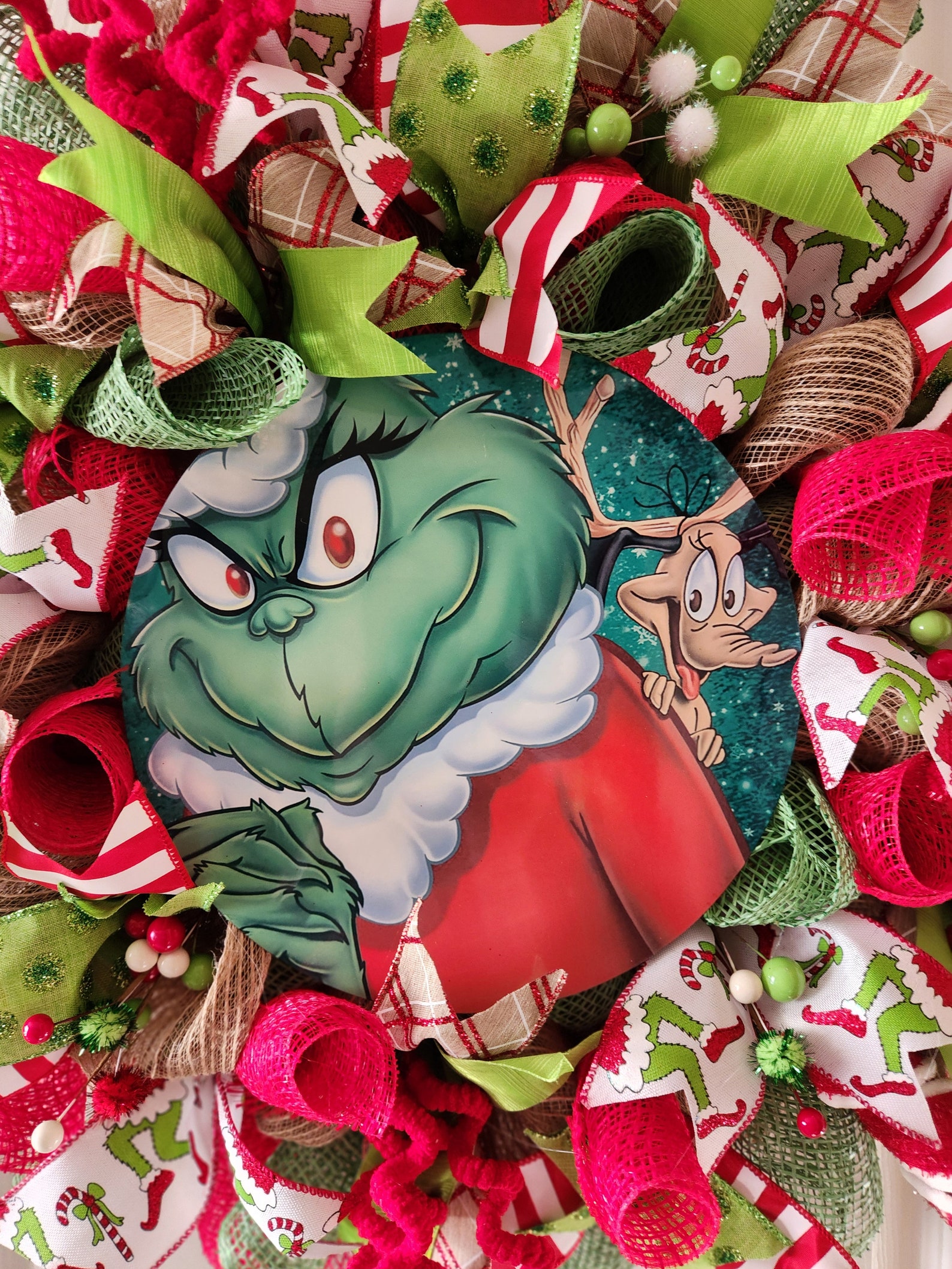 Grinch Deco Mesh Wreath. Grinch Green Red White Colors - Etsy