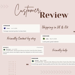 May include: A digital graphic titled Customer Review featuring four five-star feedback snippets from Etsy buyers. The text includes comments on product quality and delivery, alongside phrases like Shipping in DE & EU, Friendly Contact by etsy, and Friendly help.