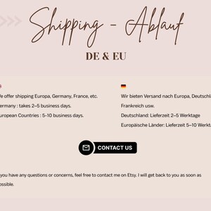 May include: A light beige informational graphic with dark brown text titled Shipping - Ablauf DE & EU. It outlines delivery timeframes for Germany and European countries in English and German, includes a black Contact Us button, and a logo.
