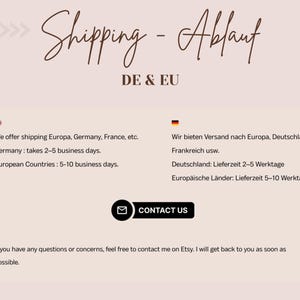 May include: A light beige informational graphic with dark brown text titled Shipping - Ablauf DE & EU. It outlines delivery timeframes for Germany and European countries in English and German, includes a black Contact Us button, and a logo.
