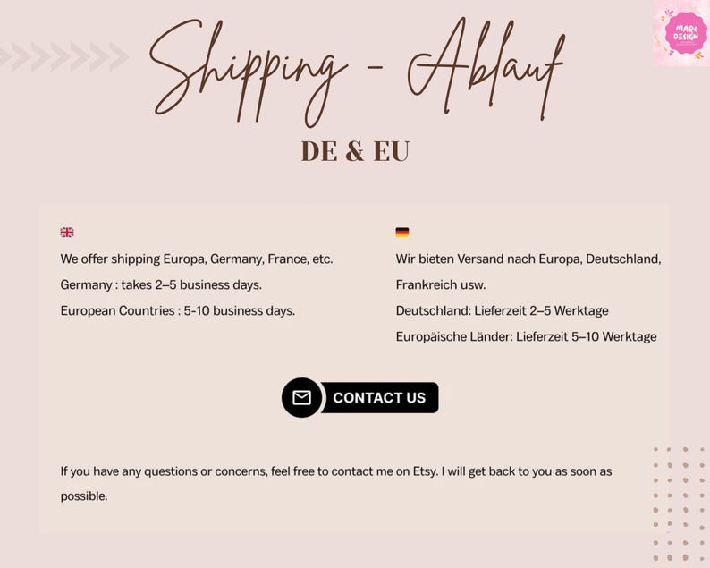 May include: A light beige informational graphic with dark brown text titled Shipping - Ablauf DE & EU. It outlines delivery timeframes for Germany and European countries in English and German, includes a black Contact Us button, and a logo.