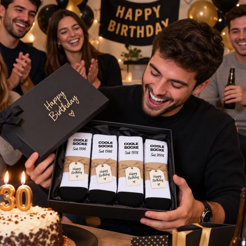 May include: A black gift box containing four pairs of white socks with black toes and heels. Each pair features the text "COOLE SOCKE" and a specific year, including 1996, 1986, 1976, and 2005. Each pair has a brown paper band with a "Happy Birthday" tag.